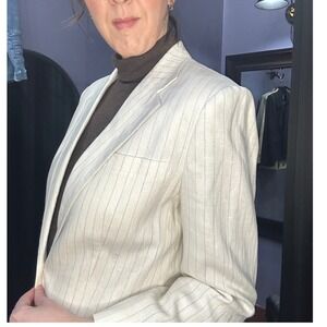 Ralph Lauren Cream Blue Pinstripe Linen Blazer 90s Vintage Old Money Tailored 8